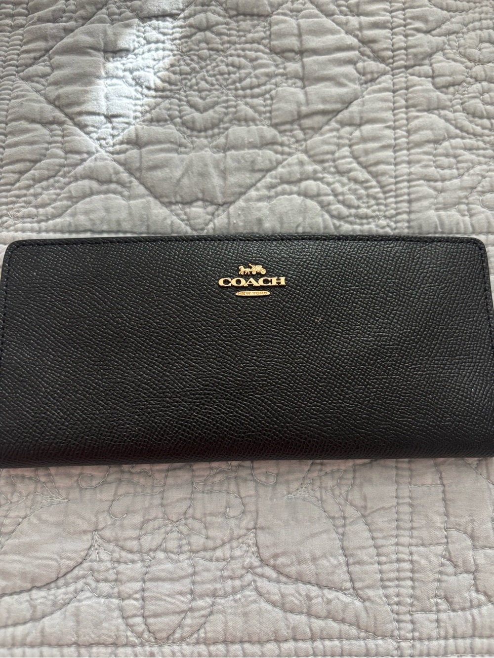 Coach Black Leather Continental Wallet with Gold Tone Logo